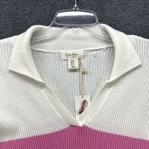 Jessica Simpson Sweater Womens Medium White Pink Striped Cropped collared Knit - Picture 3 of 15